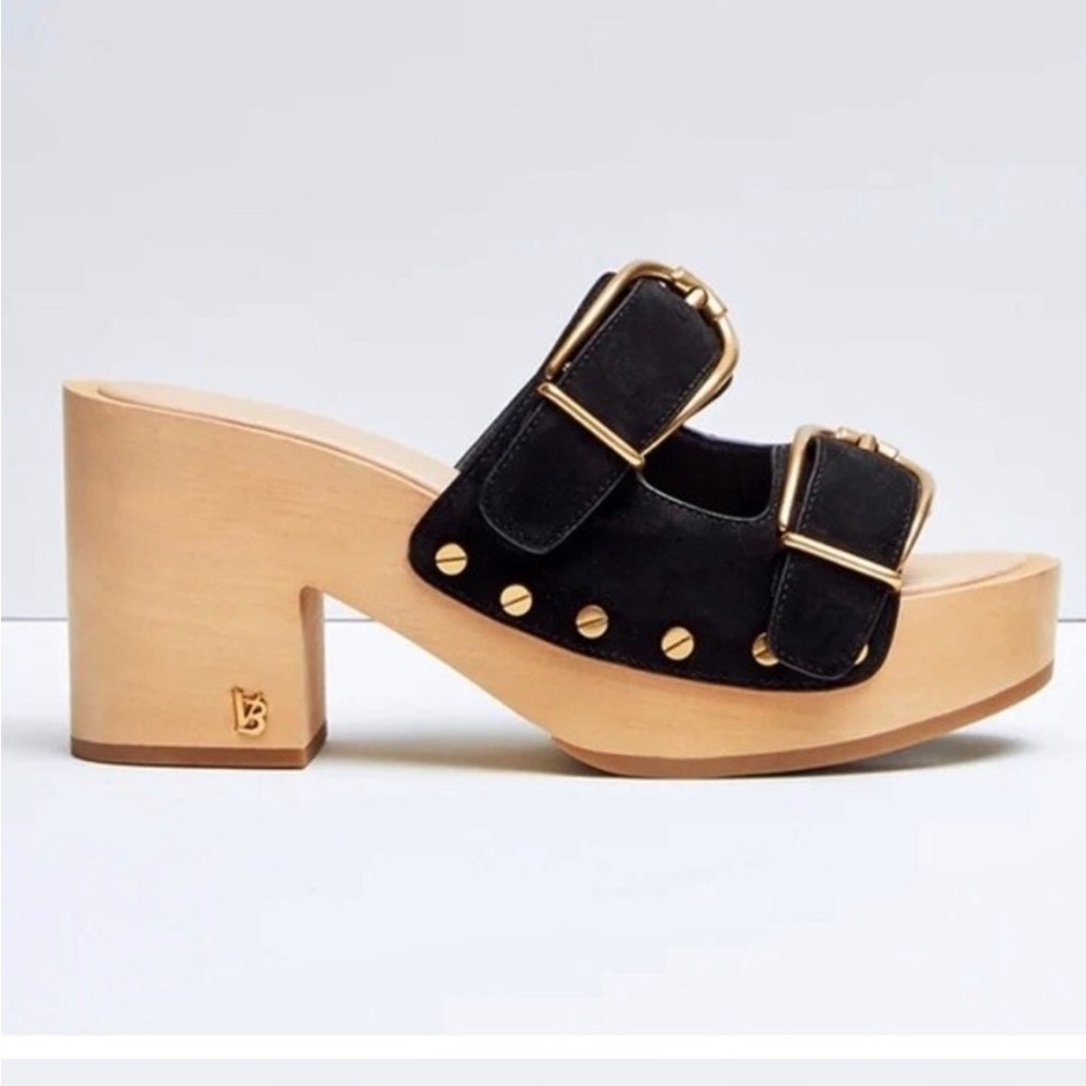 Veronica Beard Black Suede Double-Buckle Wood Platform Clog
